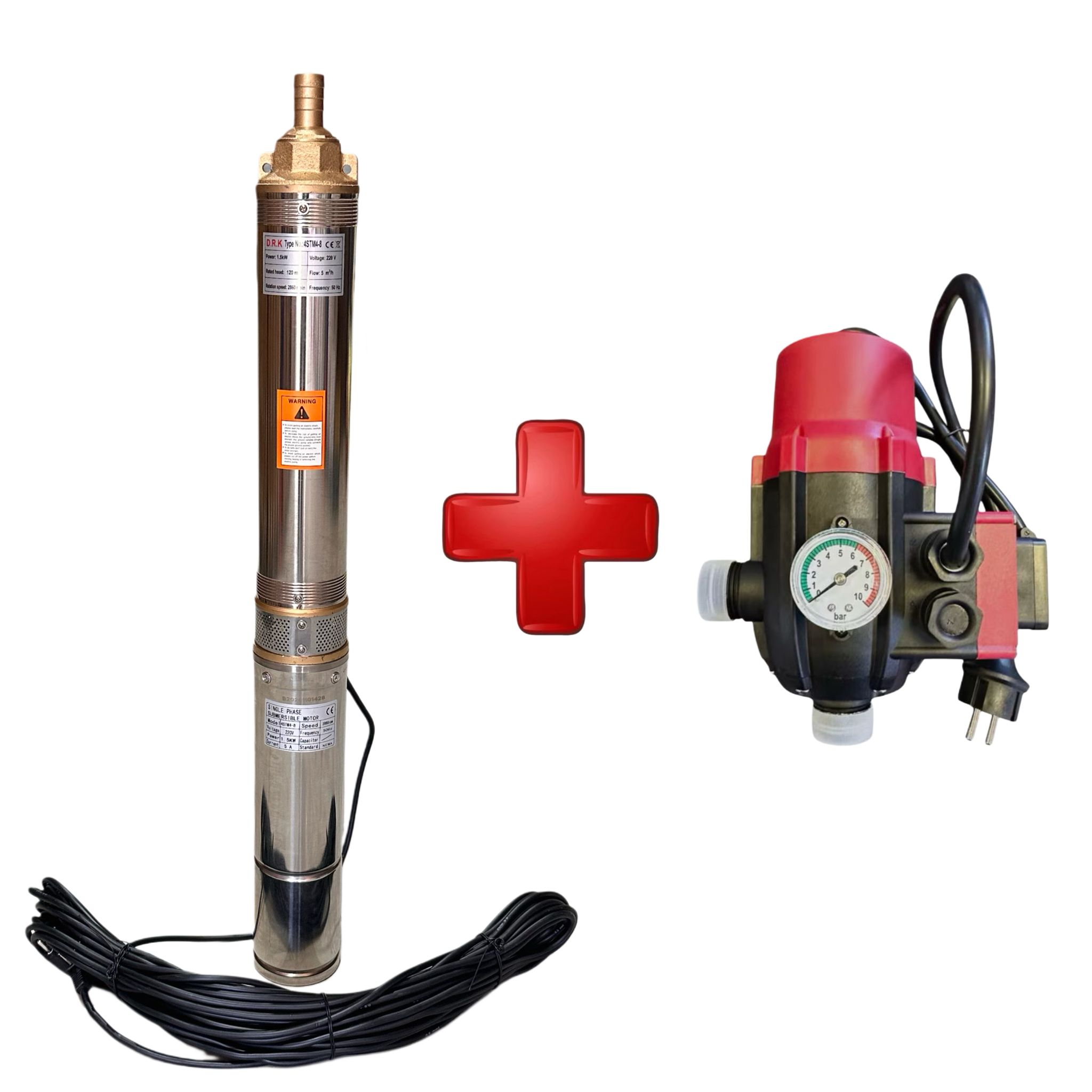 Pompa Submersibila Cupru DRK, Model 4STM4-8,1.5 kW(25 m cablu) + Presostat Electronic DRK, Model PC-13AB