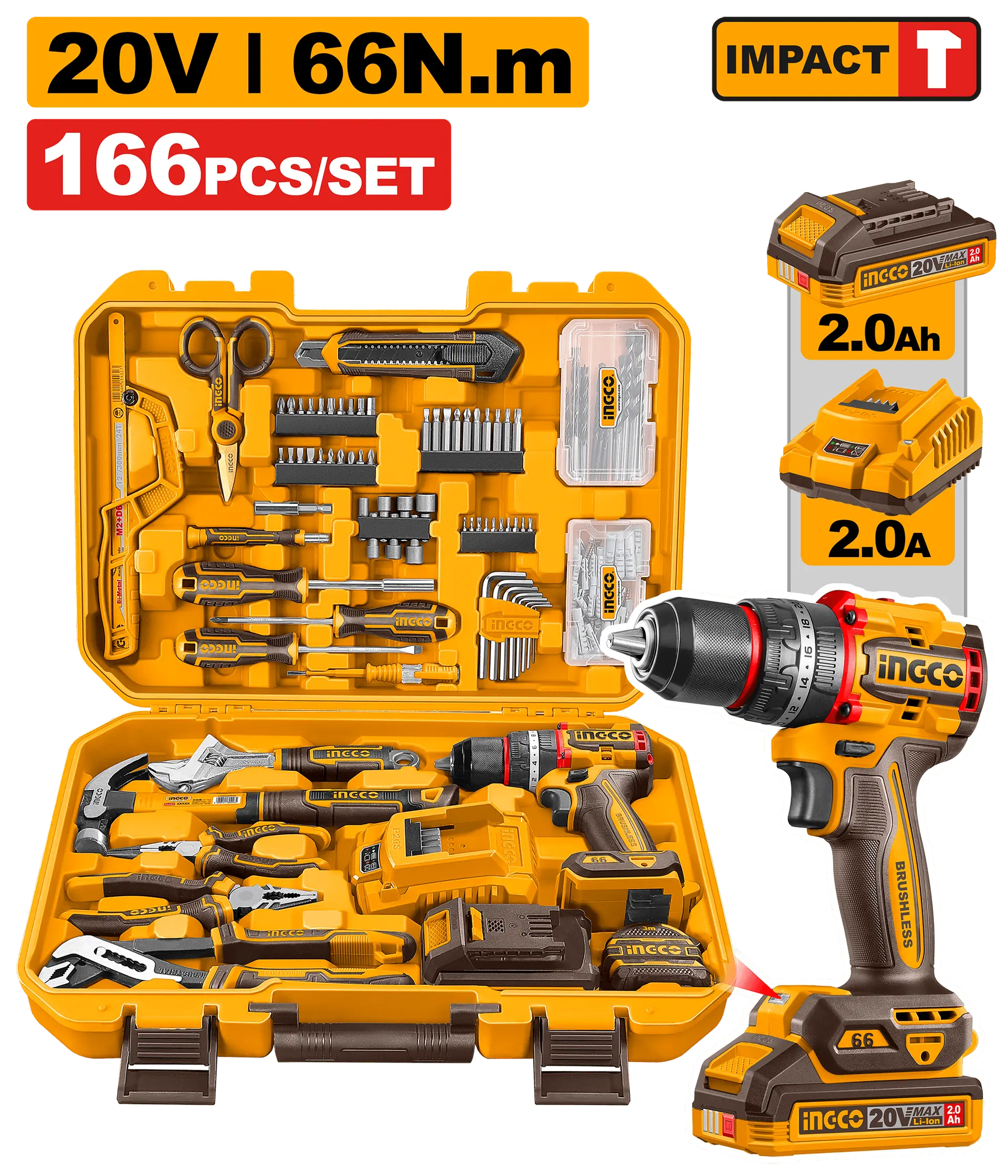 Set Bormasina 20V 66Nm cu Acumulator 2Ah si Trusa Scule 166 Piese