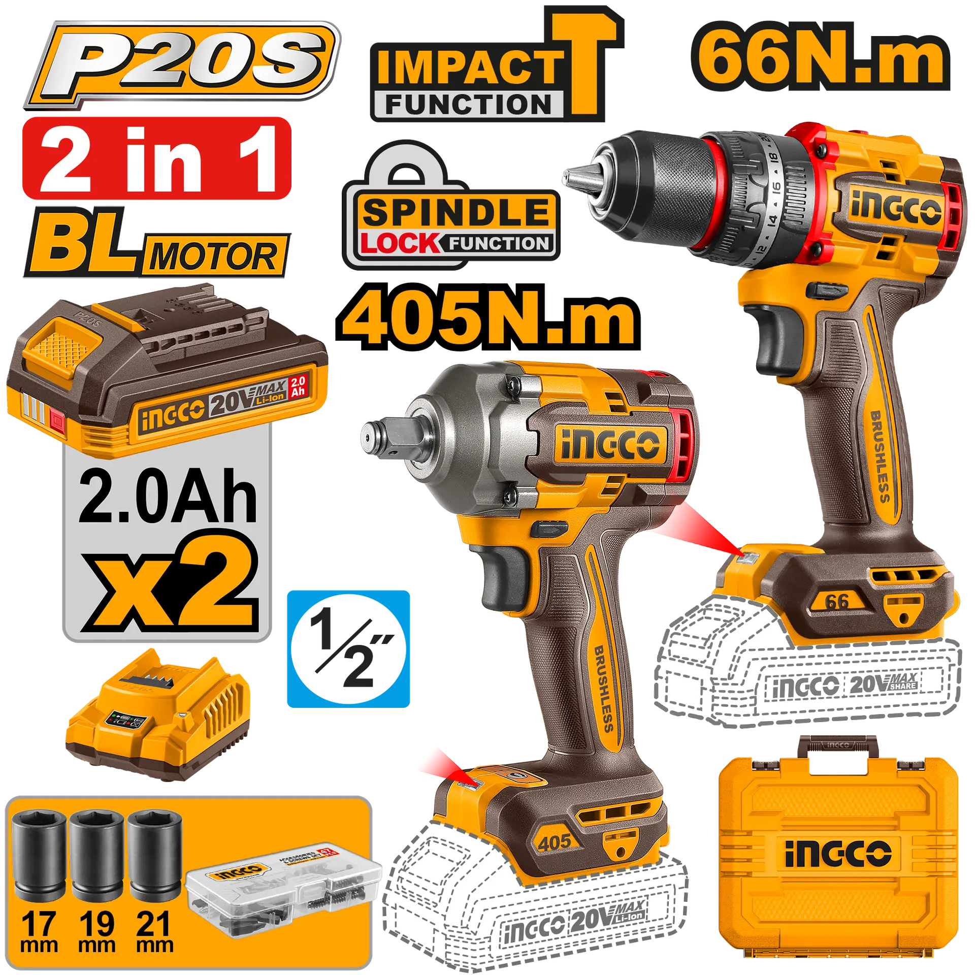 Set Bormasina 20V 66Nm cu Impact + Filetanta 20V 405Nm si 2 Acumulatori